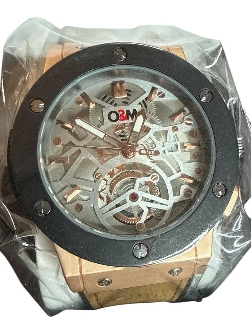 Skeleton Dial Men’s Watch in Rose Gold with Black Bezel and Tan Strap